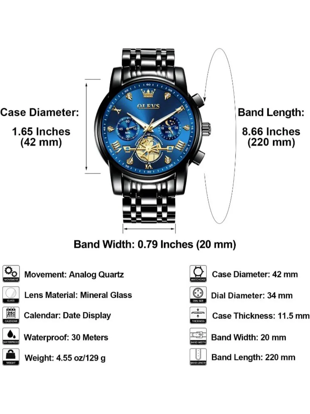 Men's Blue / Black Stainless Steel Chronograph Waterproof Quartz Dress Watch_6